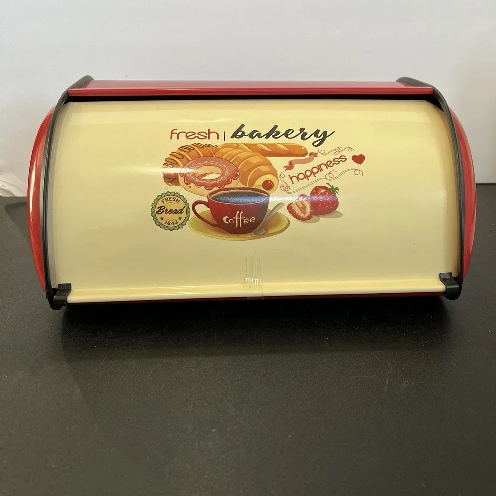 Retro Red Metal Roll Top Bread Box Fresh Bakery Coffee‎ Graphic Kitchen Storage